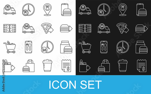 Set line Paper or financial check, Online ordering and burger delivery, Cafe restaurant location, Fast by car, Restaurant cafe menu, and pizza icon. Vector
