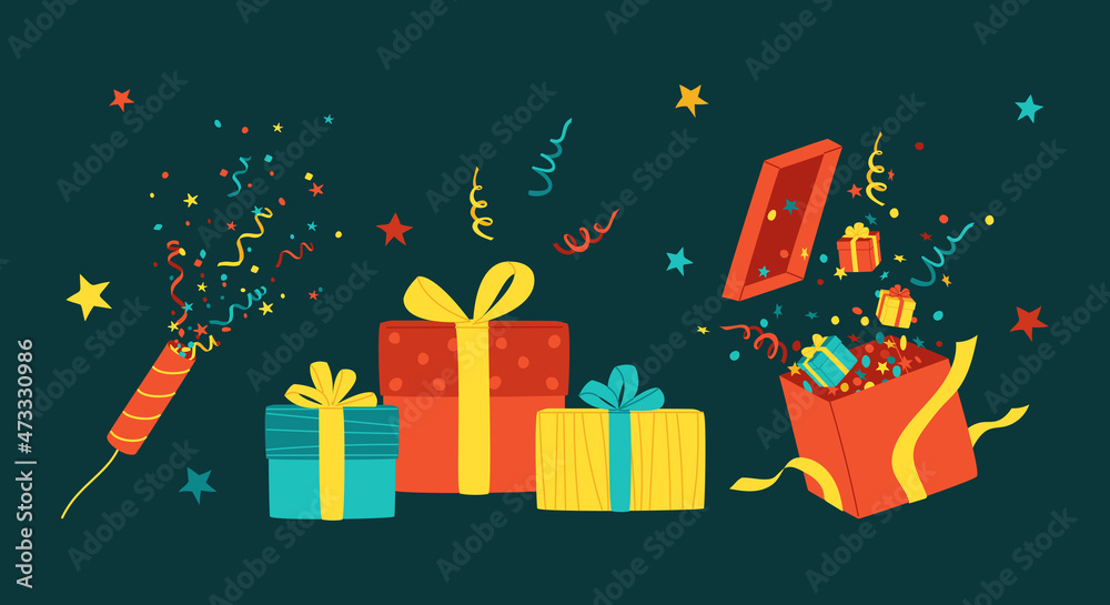 Gift boxes, firecracker with streamer and confetti. Clip-art of the decorative elements of the holiday, new year, birthday, congratulations on the victory for winner. Isolated flat vector illustration