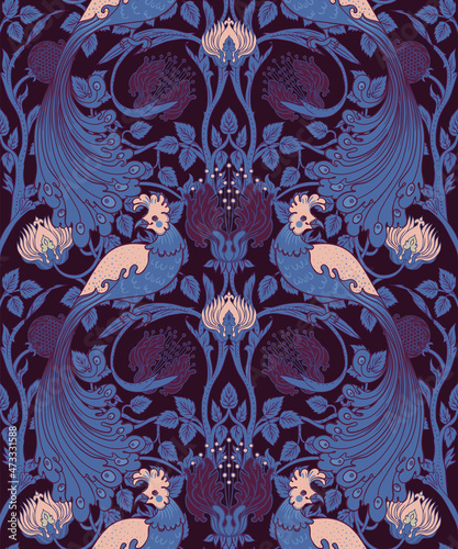 Floral vintage seamless pattern wit birds for retro wallpapers. Enchanted Vintage Flowers. Arts and Crafts movement inspired. Design for wrapping paper, wallpaper, fabrics and fashion clothes.