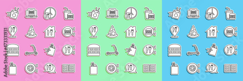Set line Restaurant cafe menu, Cafe and restaurant location, Online ordering burger delivery, Round the clock, Slice of pizza, noodles and icon. Vector
