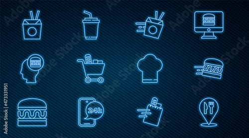 Set line Cafe and restaurant location, Online ordering burger delivery, noodles, Shopping cart food, Asian chopsticks, Chef hat and Paper glass with water icon. Vector