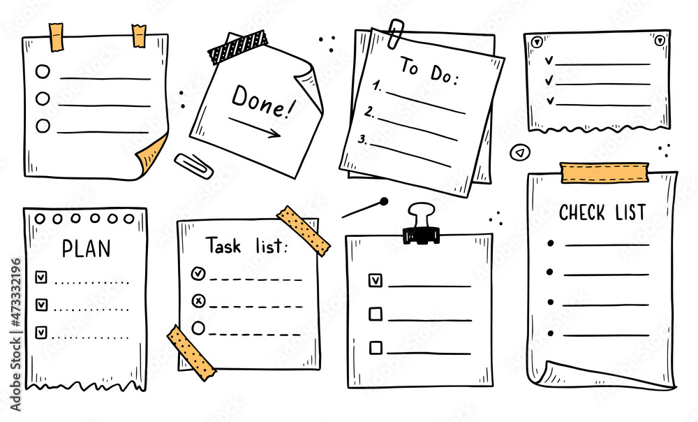 Doodle checklist set. To do, task list with check mark vector illustration. Hand drawn sketch style memo page. - obrazy, fototapety, plakaty 