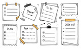 Doodle checklist set. To do, task list with check mark vector illustration. Hand drawn sketch style memo page.