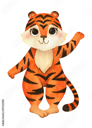 Fototapeta Naklejka Na Ścianę i Meble -   red tiger, standing on its hind legs and waving. Clipart, watercolor illustration. Cartoon animal is a symbol of the new year 2022. Tigress for postcards, children's decor. on a white background.