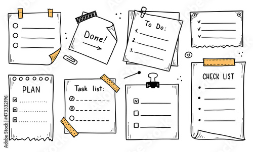 Doodle checklist set. To do, task list with check mark vector illustration. Hand drawn sketch style memo page. photo