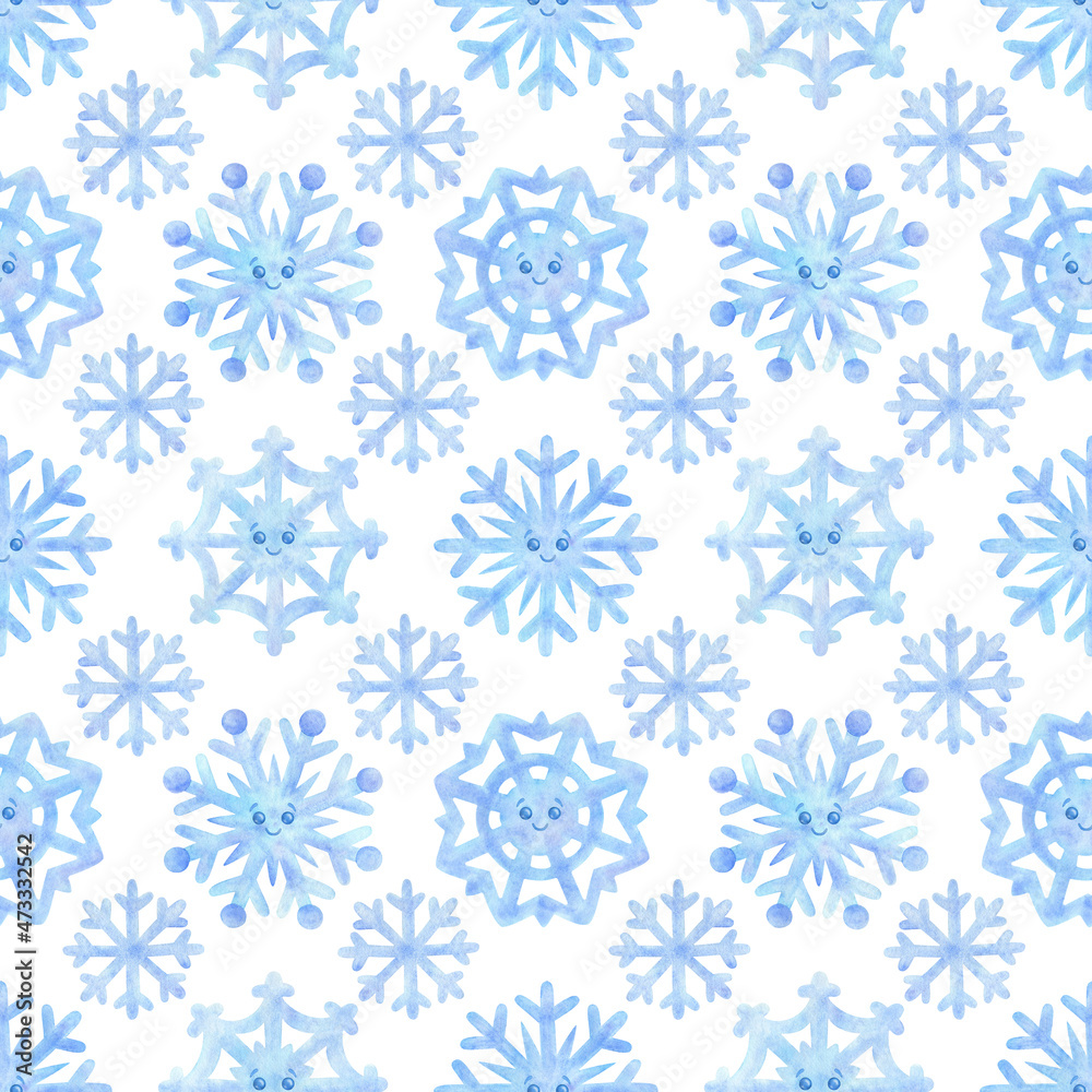 Seamless pattern with watercolor snowflakes of blue color. White background with cute snow characters. Winter sample of an ornament for fabric, textiles, wallpaper, packaging, print