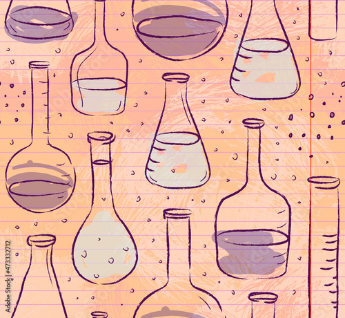 Back to School: science lab objects doodle vintage style sketches seamless pattern, vector illustration. Doodle lab equipment. Note book page paper.Biology geology alchemy chemistry. Tattoo elements.