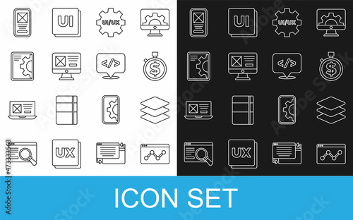 Set line Website statistic, Layers, Time money, UI or UX design, development, and Front end icon. Vector