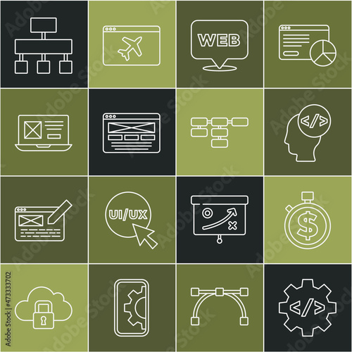 Set line Front end development, Time is money, Web and graphic design, UI or UX, Site map and icon. Vector