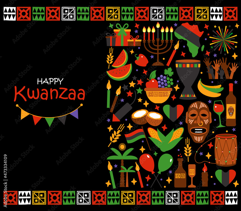 Vector card with collection of Happy Kwanzaa. Holiday symbols on black background. Vector illustration.