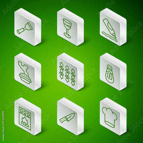 Set line Chef hat, Meat chopper, Spatula, Grilled shish kebab, Homemade pie, Wine glass, Matchbox and matches and Salt icon. Vector