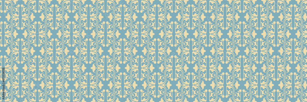 Old-fashioned background pattern with decorative floral ornaments on a blue background. Seamless wallpaper texture. Vector image