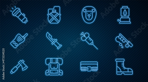 Set line Hunter boots, Fishing rod, Wild lion, knife, Walkie talkie, Flashlight, Syringe and Canteen water bottle icon. Vector