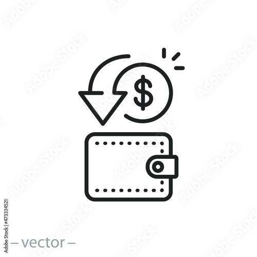cash back icon, save money, refund cost, cashback wallet rebate, return coin pay, thin line symbol - editable stroke vector illustration