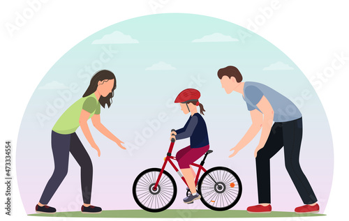 Father and mother teach their child to ride a bike in the park, happy family concept, world bycicle day concept, flat vector illustration