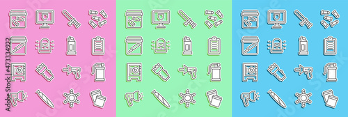 Set line Plastic bag with ziplock, Hand smoke grenade, Police report, rubber baton, Flasher siren, Evidence knife, bullet and Pepper spray icon. Vector