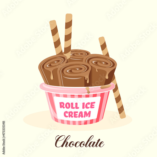 Chocolate flavoured fried ice cream rolls in a paper cup. Thai food. Playful illustration of delicious ice-cream rolls. brown chocolate colors. Vector illustration for cafes and restaurants