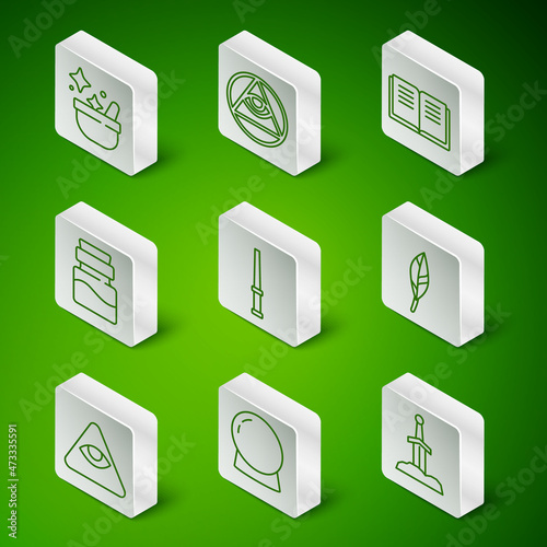 Set line Sword in the stone, Magic ball, Witch cauldron, wand, Bottle with potion, Masons, and feather icon. Vector