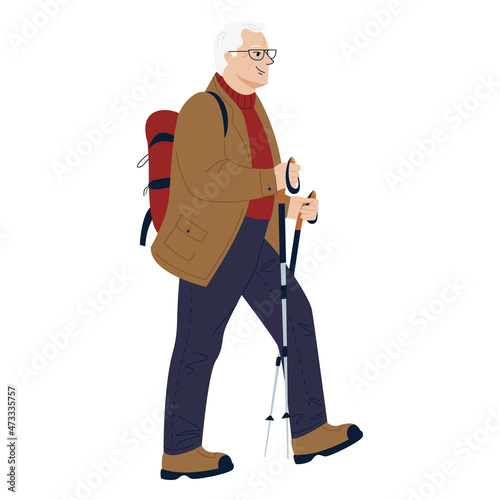 Old active man traveling with backpacks on holidays. Happy elderly man walking with nordic walking sticks, hiking. Colored flat vector illustration of traveler isolated on white background