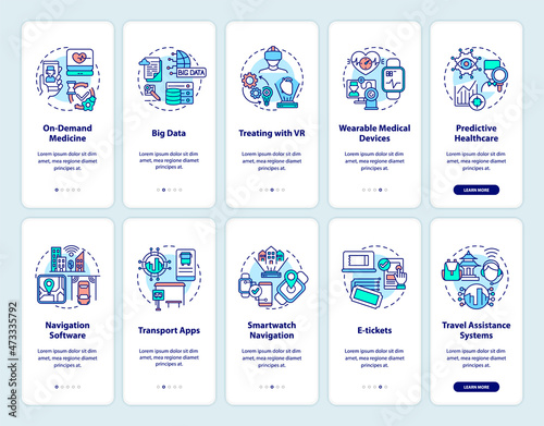 Digitalization of public services onboarding mobile app page screen set. Tech walkthrough 5 steps graphic instructions with concepts. UI, UX, GUI vector template with linear color illustrations