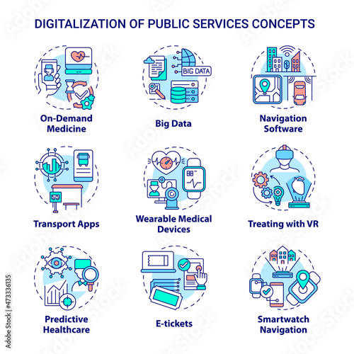 Digitalization of public services concept icons set. Digital modernization providing for different life spheres idea thin line color illustrations. Vector isolated outline drawings