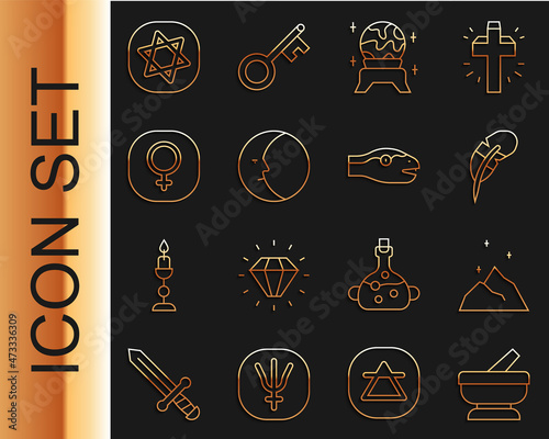 Set line Mortar and pestle, Magic powder, Feather pen, ball, Moon, Venus, Tarot cards and Snake icon. Vector