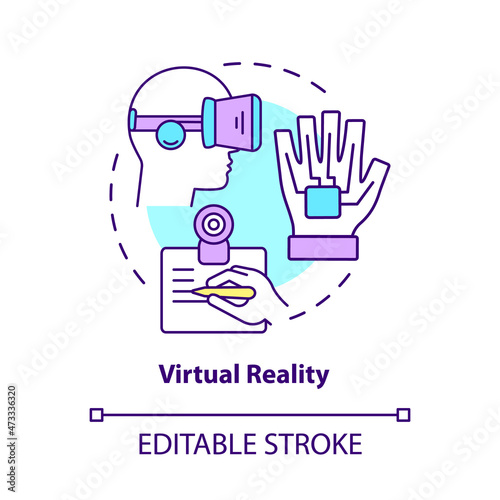 Virtual reality concept icon. Modern devices of work and fun. Technology of augmented reality abstract idea thin line illustration. Vector isolated outline color drawing. Editable stroke