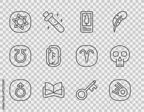 Set line Mars, Comet falling down fast, Tarot cards, Ancient magic book, Magic runes, Old key and Skull icon. Vector