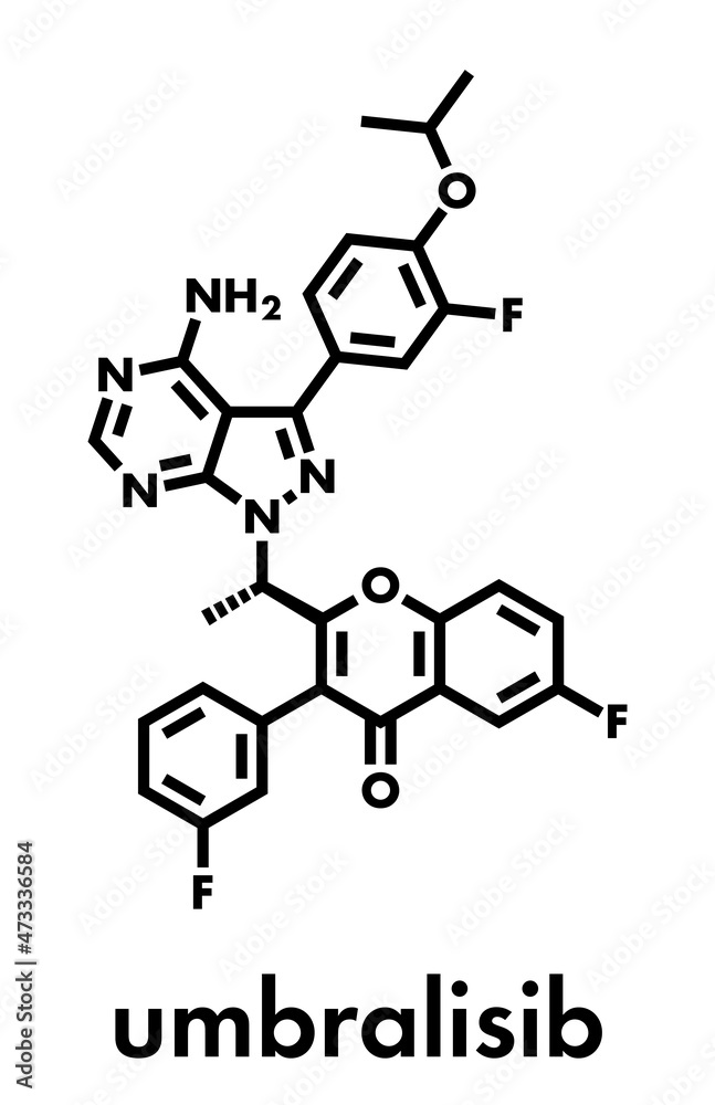 Umbralisib lymphoma drug molecule. Skeletal formula.