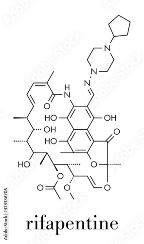 Rifapentine antibiotic drug molecule. Used in treatment of tuberculosis. Skeletal formula.