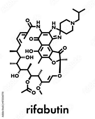 Rifabutin tuberculosis drug molecule. Skeletal formula.