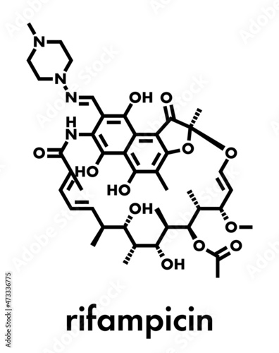 rifampicin (rifampin, rifamycin class) tuberculosis antibiotic molecule. Skeletal formula.