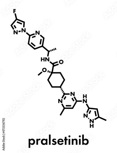 Pralsetinib cancer drug molecule. Skeletal formula.