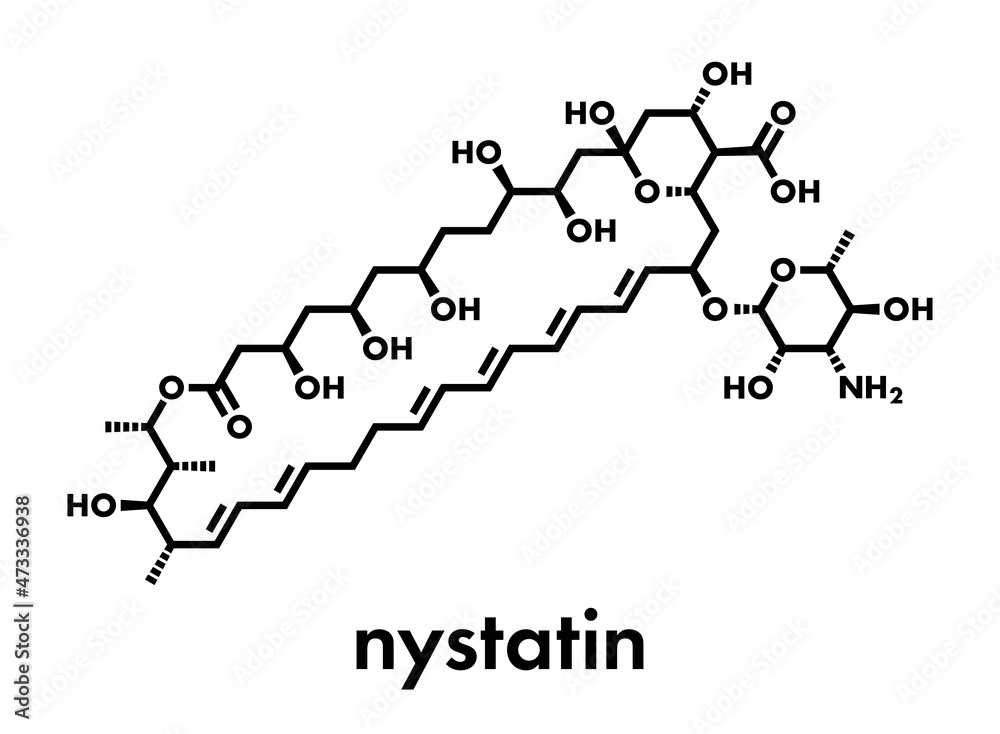 Nystatin antifungal drug molecule. Used in treatment of Candida infections. Skeletal formula.