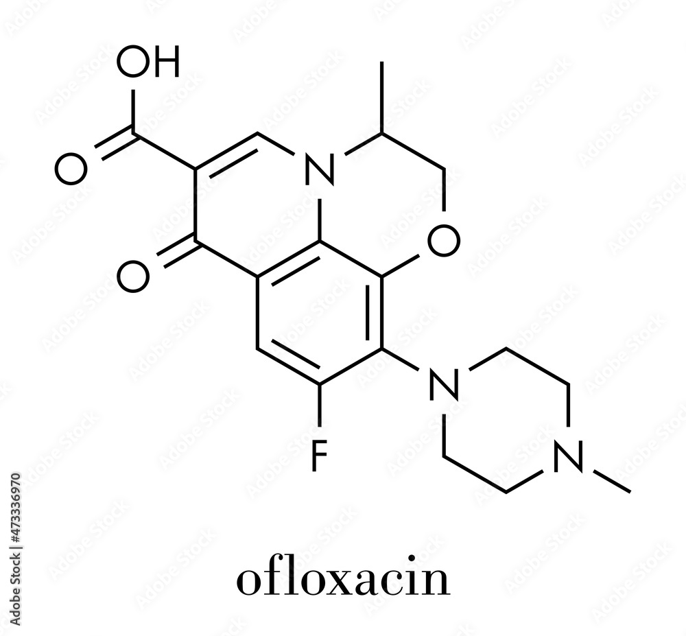 Ofloxacin fluoroquinolone antibiotic drug molecule. Skeletal formula. Ofloxacin fluoroquinolone antibiotic drug molecule. Skeletal formula.