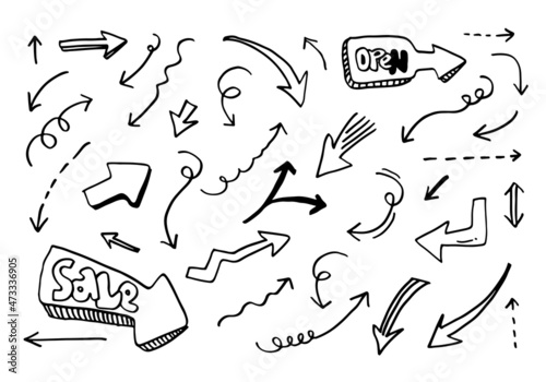 doodle design elements. hand drawn arrows isolated on white background. Vector illustration.
