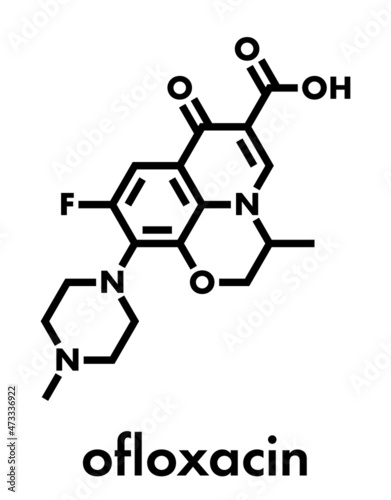 Ofloxacin fluoroquinolone antibiotic drug molecule. Skeletal formula.