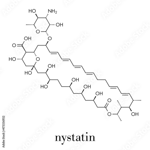 Nystatin antifungal drug molecule. Used in treatment of Candida infections. Skeletal formula.