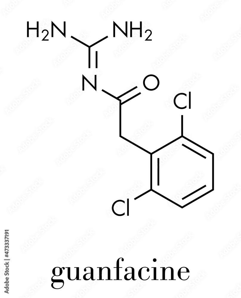 Guanfacine ADHD drug molecule. Skeletal formula. Guanfacine ADHD drug molecule. Skeletal formula.