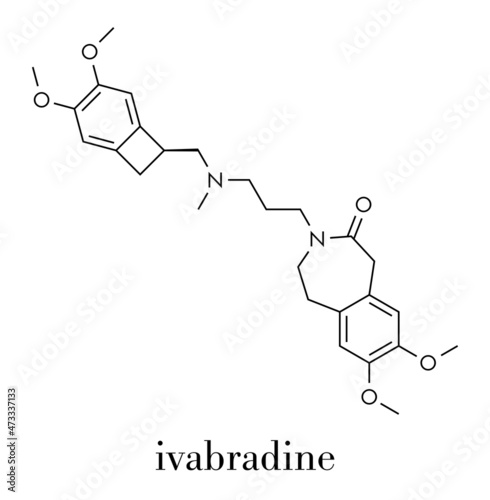 Ivabradine angina pectoris drug molecule. Skeletal formula. photo