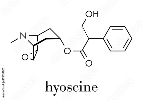 Scopolamine (hyoscine) anticholinergic drug molecule. Used in treatment of nausea, vomiting and motion sickness. Skeletal formula.