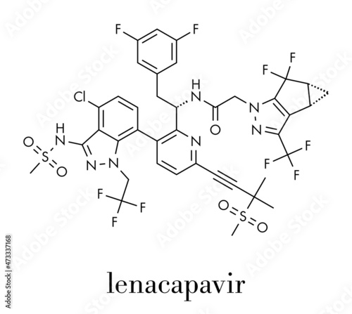 Lenacapavir antiviral drug molecule. Skeletal formula.