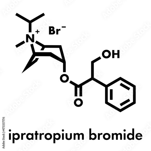 Ipratropium bromide asthma and COPD drug molecule. Often administered via inhaler. Skeletal formula.