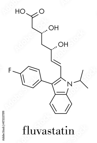 Fluvastatin hypercholesterolemia drug molecule. Skeletal formula.