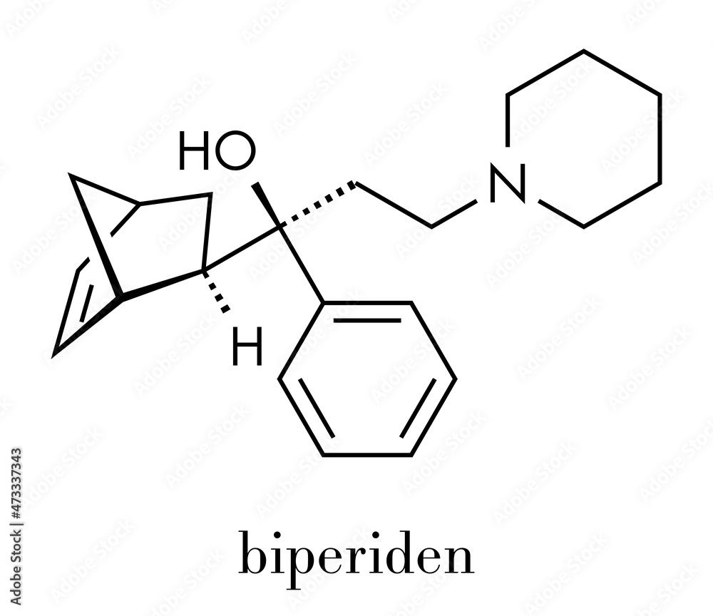 Biperiden Parkinson's disease drug molecule. Skeletal formula.