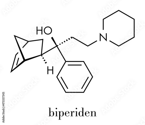 Biperiden Parkinson's disease drug molecule. Skeletal formula.