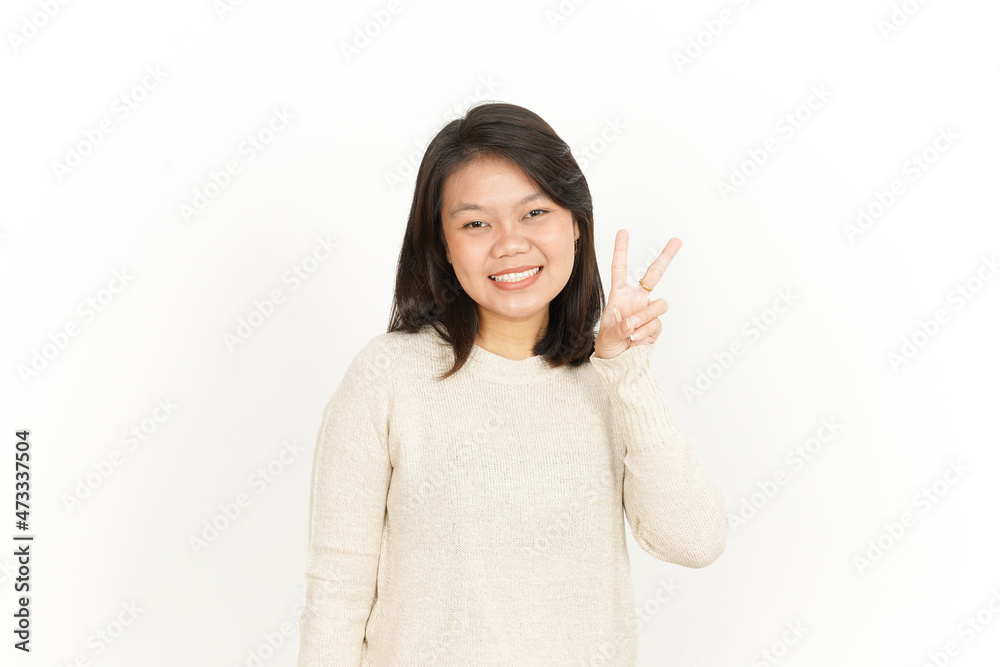 Showing Peace or Victory Sign of Beautiful Asian Woman Isolated On White Background Showing Peace or Victory Sign of Beautiful Asian Woman Isolated On White Background