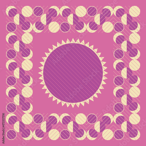 Vector ornament, pattern of lunar cycles: eclipse, full moon, waning moon, new moon with dotted diagonals. Pink, lilac, violet, yellow. For textiles, wrapping paper, tissue.