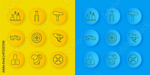 Set line Bicycle seat, shoes, sprocket crank, helmet, Award over sports winner podium, and fork icon. Vector