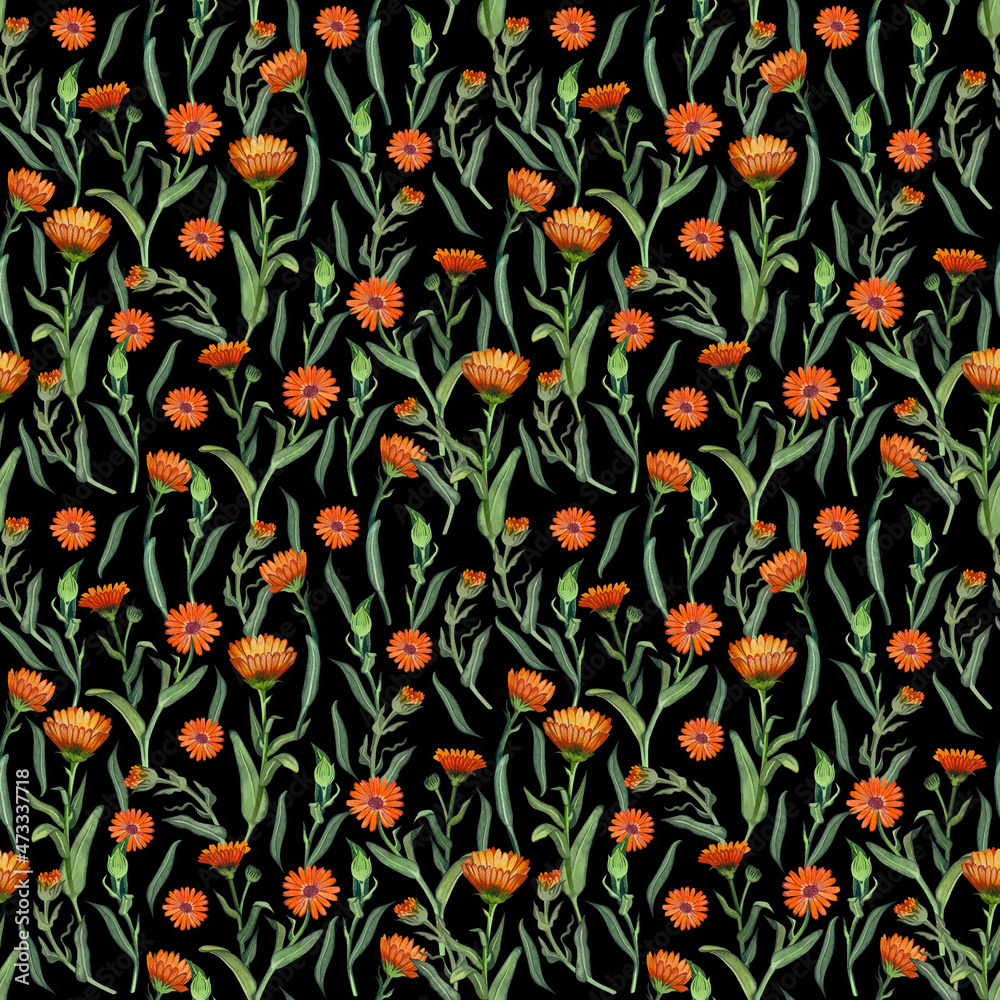Seamless pattern on a dark background painted in watercolor. Suitable for textile design, scrapbooking, wallpaper and paper.